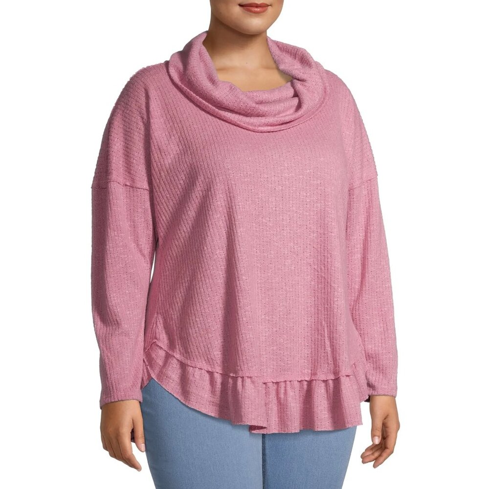 Terra & Sky Plus Size 3X Top  Pink Cowl Neck Sweater Ruffle Hem Knit Pullover